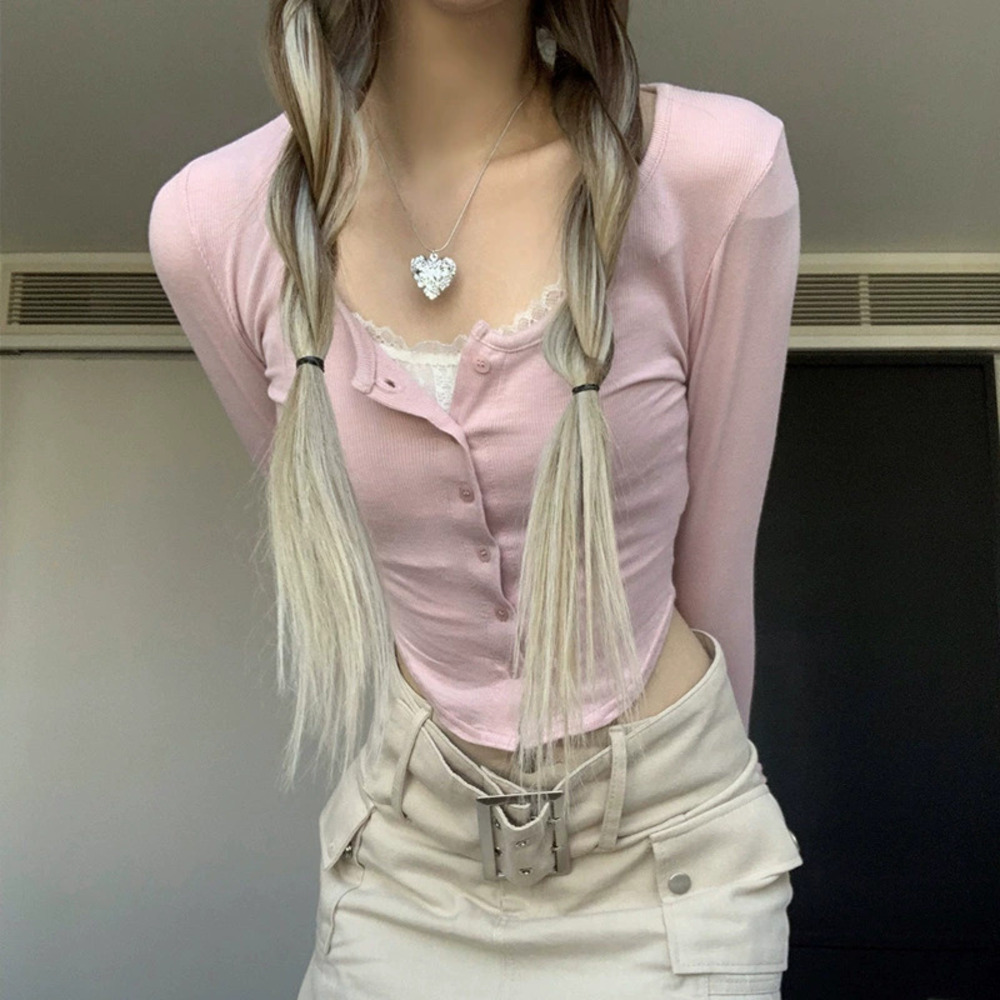 ZARA Pink Pure Thin Faux Layered Long Sleeve Slim Fit Top Women Spring Fall